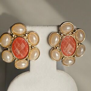 Floral Stud Earrings Gold Tone Coral Resin Faux Pearl Cabochon Statement Retro